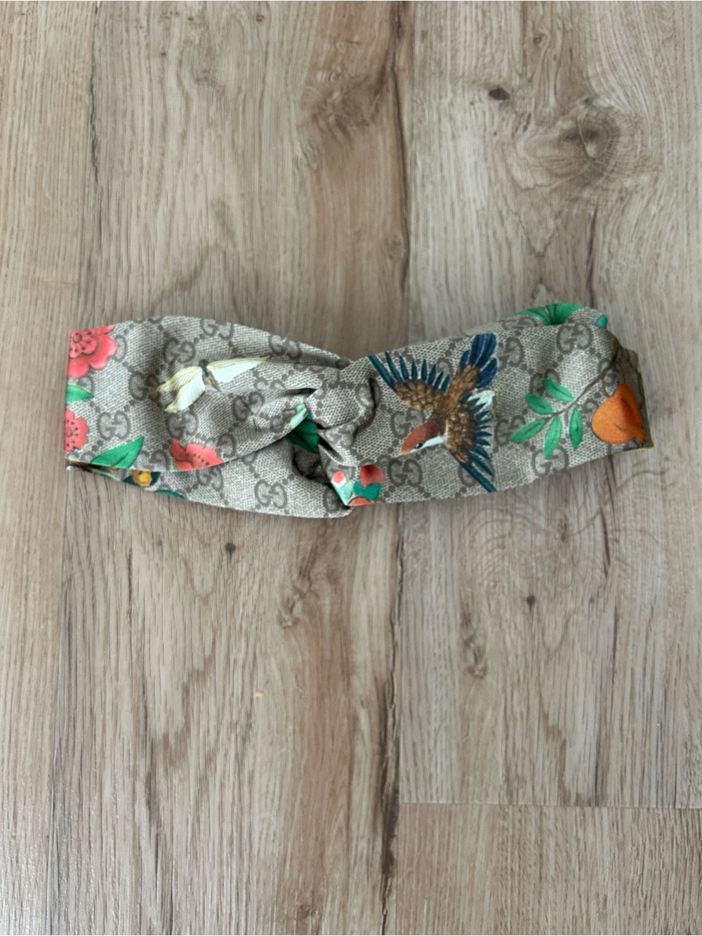 Gucci Beige Monogram Knot Headband with Floral, Bird & Orange Motif